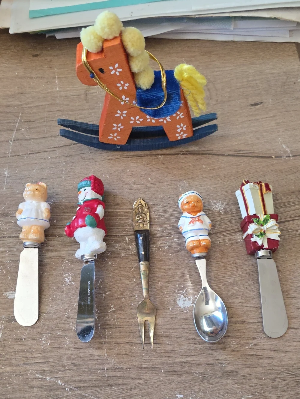 Wooden Orange & Blue Rocking Horse Toy with Yellow Mane